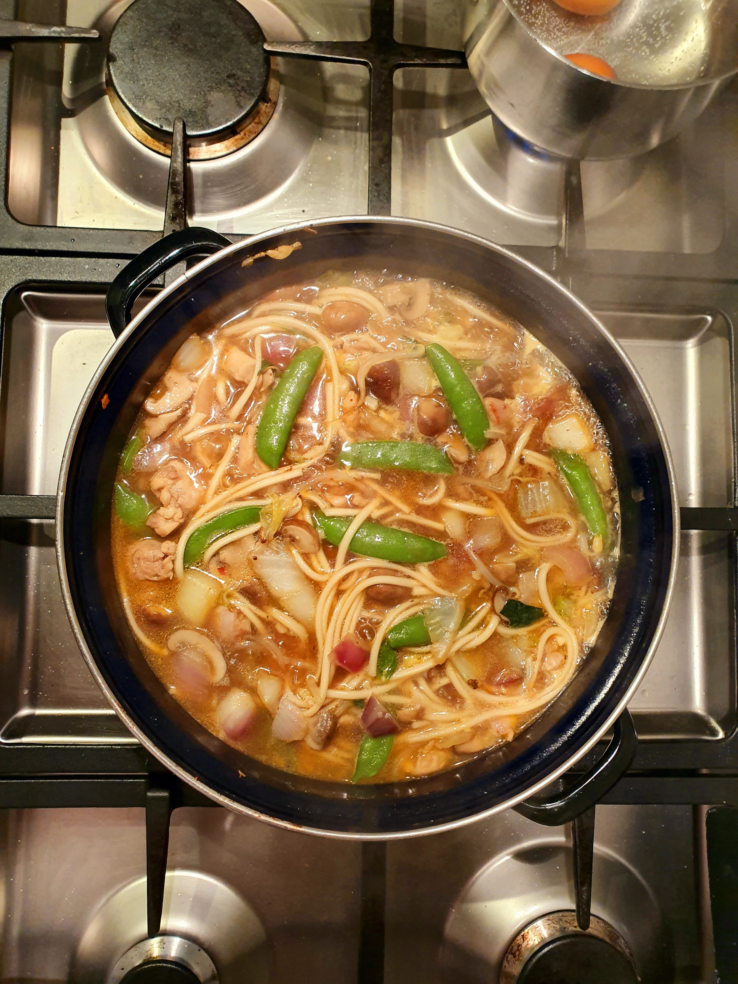Udon noodlesoep met kippendijen