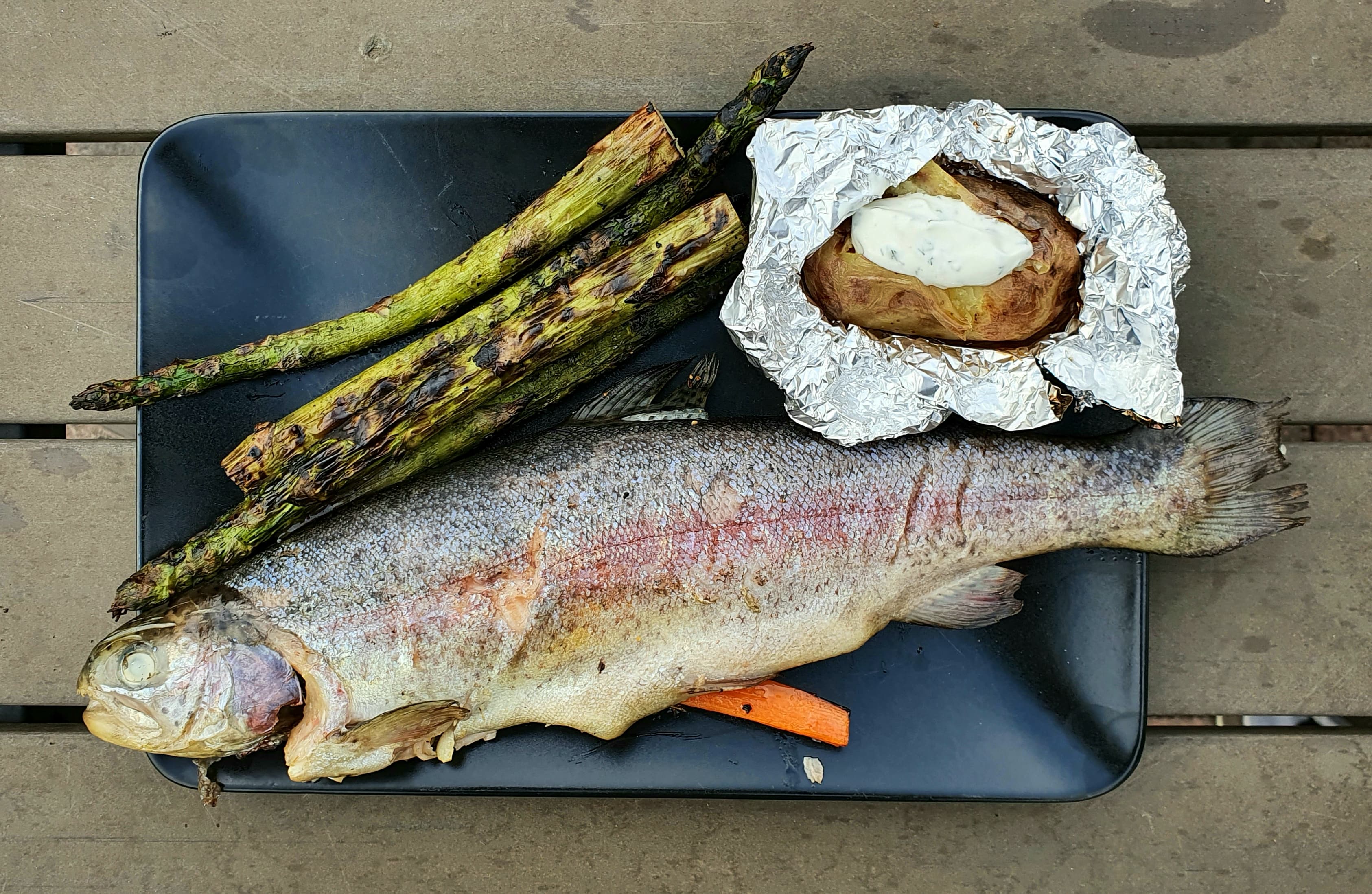 Zalmforel van de BBQ op cederhout